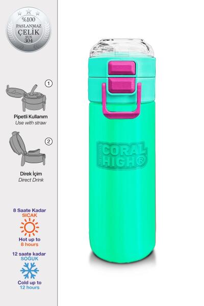 Coral High Kids Pembe Su Yeşili Pipetli ve Direkt İçim Çelik Termos 500 ml 31825 - 1