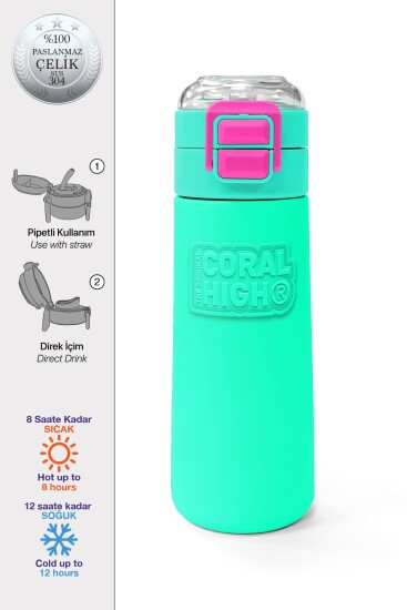 Coral High Kids Pembe Su Yeşili Pipetli ve Direkt İçim Çelik Termos 500 ml 31825 