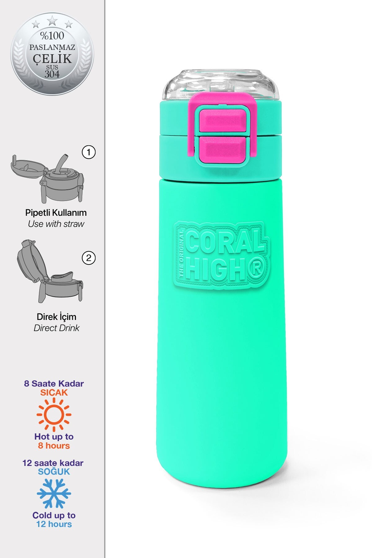 Coral High Kids Pembe Su Yeşili Pipetli ve Direkt İçim Çelik Termos 500 ml 31825