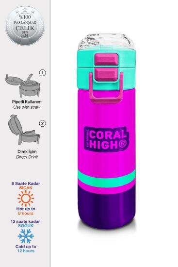 Coral High Kids Pembe Su Yeşili Pipetli ve Direkt İçim Çelik Termos 500 ml 31829 - Coral High KIDS