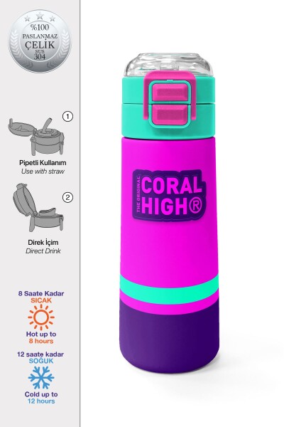 Coral High Kids Pembe Su Yeşili Pipetli ve Direkt İçim Çelik Termos 500 ml 31829 - 1