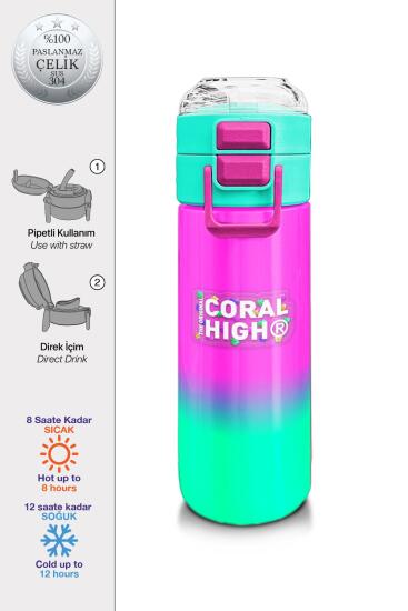 Coral High Kids Pembe Su Yeşili Renk Geçişli Pipetli ve Direkt İçim Çelik Termos 500 ml 31838 - Coral High KIDS