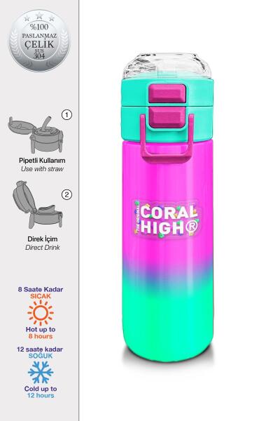 Coral High Kids Pembe Su Yeşili Renk Geçişli Pipetli ve Direkt İçim Çelik Termos 500 ml 31838 - 1