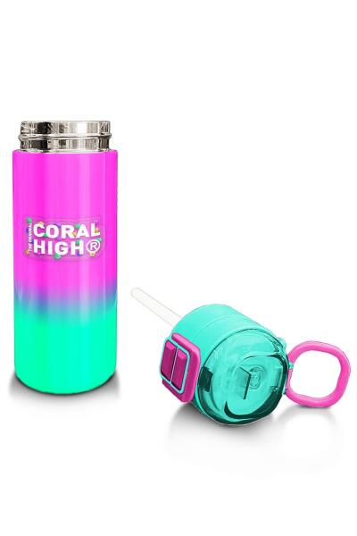 Coral High Kids Pembe Su Yeşili Renk Geçişli Pipetli ve Direkt İçim Çelik Termos 500 ml 31838 - 4