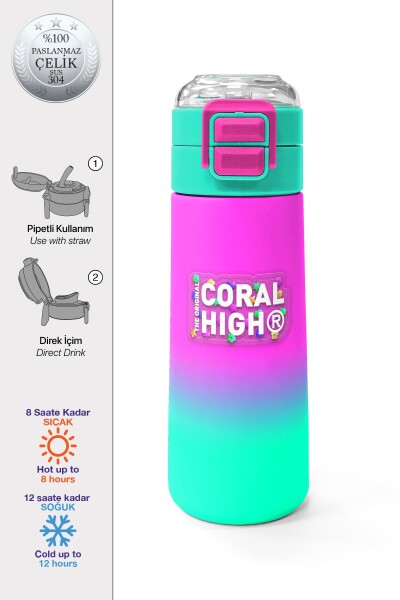 Coral High Kids Pembe Su Yeşili Renk Geçişli Pipetli ve Direkt İçim Çelik Termos 500 ml 31838 - 1