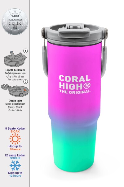 Coral High Kids Pembe Su Yeşili Renk Geçişli Pipetli ve Direkt İçim Çelik Termos 900 ml 38724 - 1