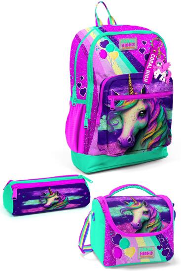 Coral High Kids Pembe Su Yeşili Unicorn Desenli 3’lü Okul Çanta Seti SET0123758 - Coral High