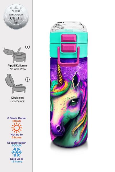 Coral High Kids Pembe Su Yeşili Unicorn Desenli Pipetli ve Direkt İçim Çelik Termos 500 ml 31959 - 1