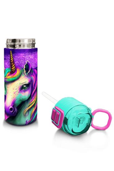 Coral High Kids Pembe Su Yeşili Unicorn Desenli Pipetli ve Direkt İçim Çelik Termos 500 ml 31959 - 4