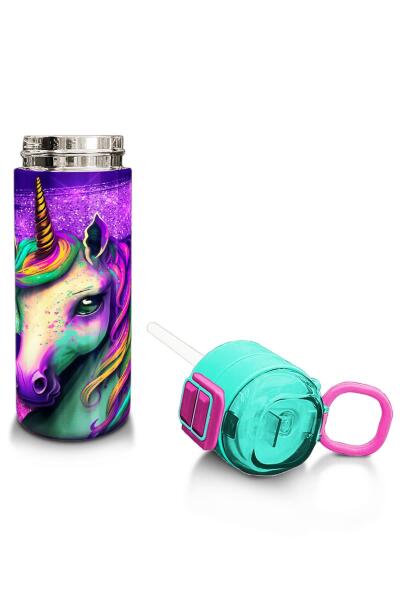 Coral High Kids Pembe Su Yeşili Unicorn Desenli Pipetli ve Direkt İçim Çelik Termos 500 ml 31959 - 4