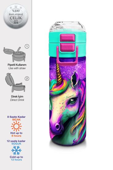 Coral High Kids Pembe Su Yeşili Unicorn Desenli Pipetli ve Direkt İçim Çelik Termos 500 ml 31959 - Coral High KIDS