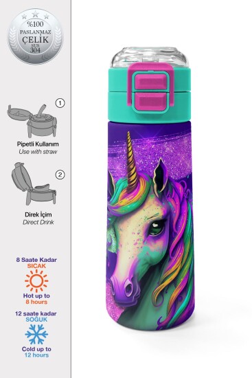 Coral High Kids Pembe Su Yeşili Unicorn Desenli Pipetli ve Direkt İçim Çelik Termos 500 ml 31959 