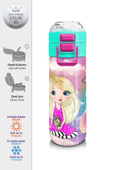 Coral High Kids Pembe Su Yeşili Unicornlu Desenli Pipetli ve Direkt İçim Çelik Termos 500 ml 31940 - Coral High KIDS
