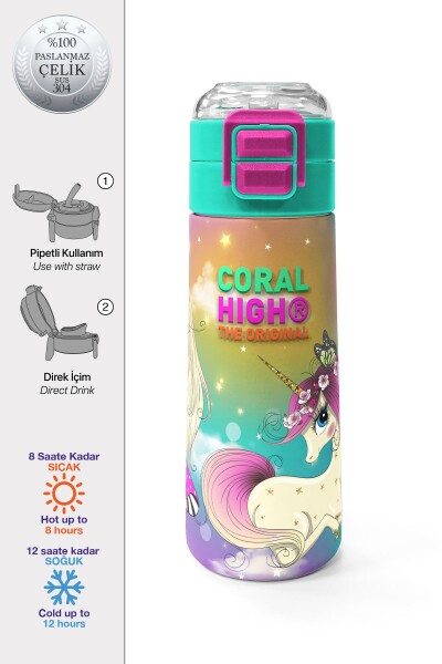 Coral High Kids Pembe Su Yeşili Unicornlu Desenli Pipetli ve Direkt İçim Çelik Termos 500 ml 31940 - 1