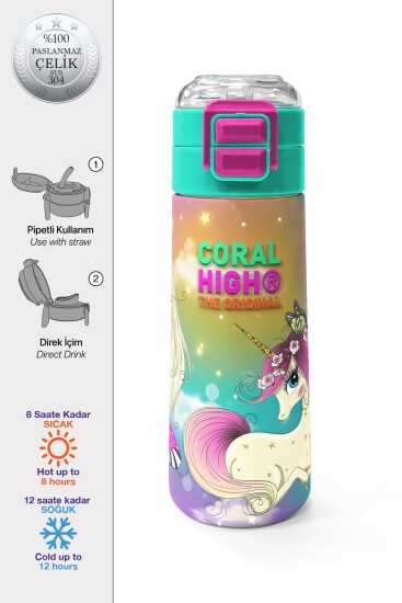 Coral High Kids Pembe Su Yeşili Unicornlu Desenli Pipetli ve Direkt İçim Çelik Termos 500 ml 31940 - 1