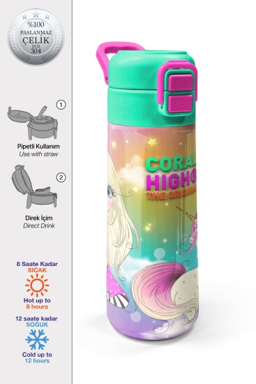 Coral High Kids Pembe Su Yeşili Unicornlu Desenli Pipetli ve Direkt İçim Çelik Termos 500 ml 31940 