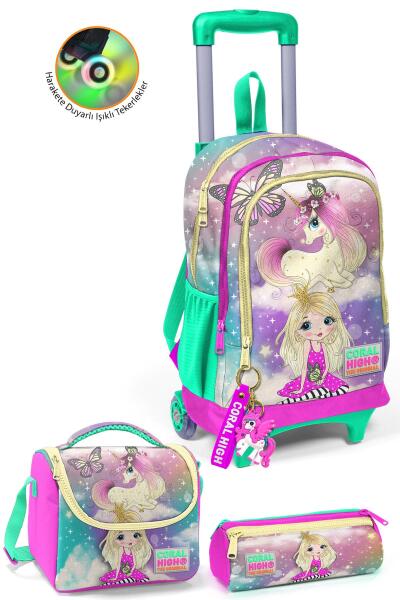 Coral High Kids Pembe Su Yeşili Unicornlu Kız Desenli 3'lü Çanta Seti SET0123933 - 1