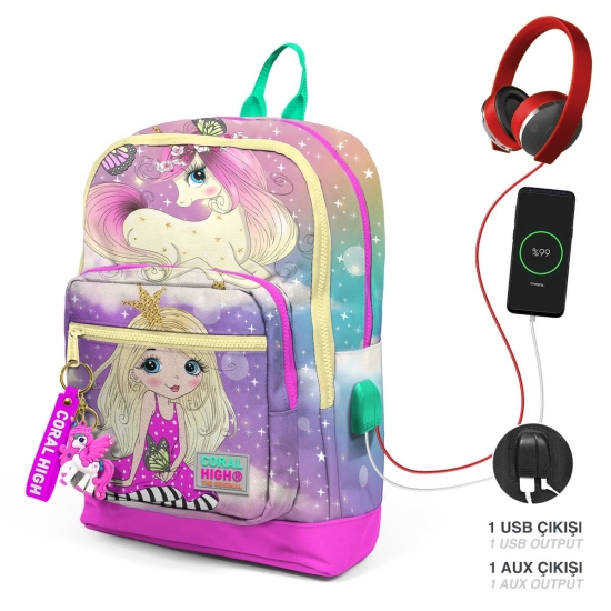 Coral High Kids Pembe Su Yeşili Unicornlu Kız Desenli Dört Bölmeli USB'li Okul Sırt Çantası 23833 - 1