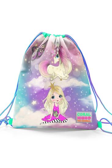 Coral High Kids Pembe Su Yeşili Unicornlu Kız Desenli İpli Büzgülü Sırt Çantası 22433 - 3