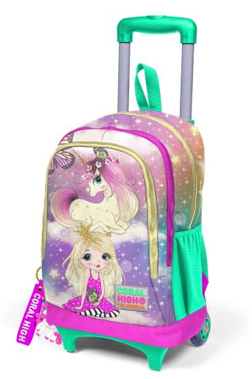 Coral High Kids Pembe Su Yeşili Unicornlu Kız Desenli Üç Bölmeli Çekçekli Okul Sırt Çantası 23933 - 6