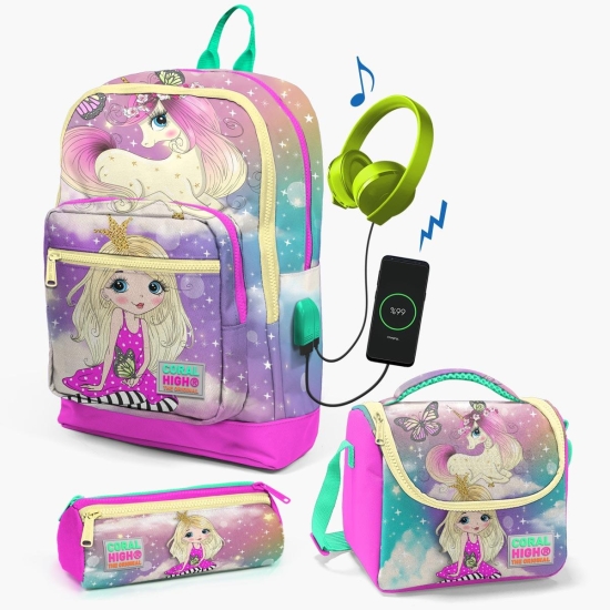 Coral High Kids Pembe Su Yeşili Unicornlu Kız Desenli USB'li 3’lü Okul Çanta Seti SET0123833 