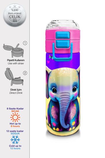 Coral High Kids Pembe Turkuaz Fil Desenli Pipetli ve Direkt İçim Çelik Termos 500 ml 31814 - Coral High KIDS