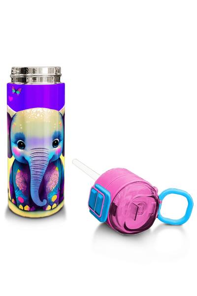 Coral High Kids Pembe Turkuaz Fil Desenli Pipetli ve Direkt İçim Çelik Termos 500 ml 31814 - 4