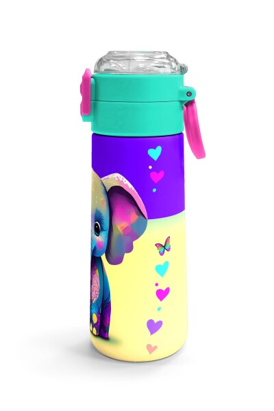 Coral High Kids Pembe Turkuaz Fil Desenli Pipetli ve Direkt İçim Çelik Termos 500 ml 31814 - 3