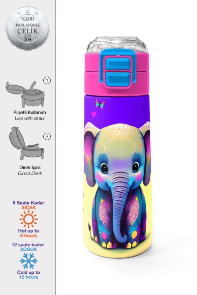 Coral High Kids Pembe Turkuaz Fil Desenli Pipetli ve Direkt İçim Çelik Termos 500 ml 31814 - 1