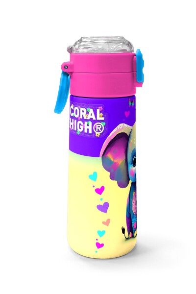 Coral High Kids Pembe Turkuaz Fil Desenli Pipetli ve Direkt İçim Çelik Termos 500 ml 31814 - 2