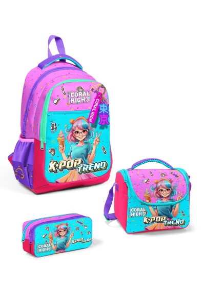 Coral High Kids Pembe Turkuaz K-Pop Desenli 3’lü Okul Çanta Seti SET0114427 - 1