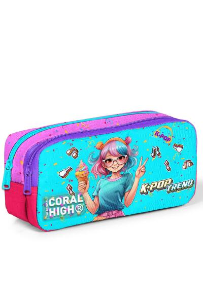 Coral High Kids Pembe Turkuaz K-Pop Desenli İki Bölmeli Kalem Çantası 12118 - 1