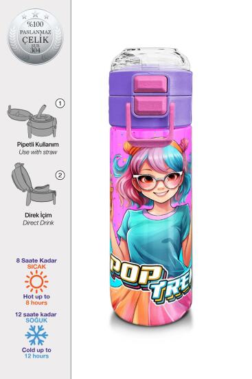 Coral High Kids Pembe Turkuaz K-Pop Desenli Pipetli ve Direkt İçim Çelik Termos 500 ml 31865 - Coral High KIDS