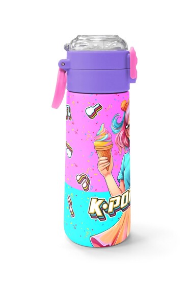 Coral High Kids Pembe Turkuaz K-Pop Desenli Pipetli ve Direkt İçim Çelik Termos 500 ml 31865 - 2