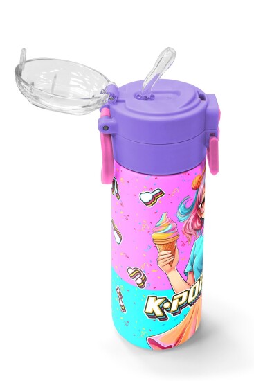 Coral High Kids Pembe Turkuaz K-Pop Desenli Pipetli ve Direkt İçim Çelik Termos 500 ml 31865 - 5