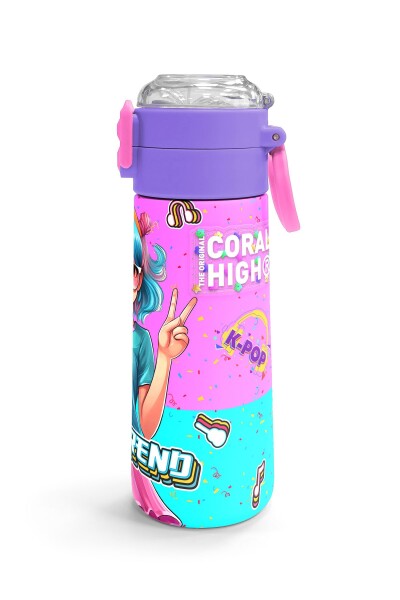 Coral High Kids Pembe Turkuaz K-Pop Desenli Pipetli ve Direkt İçim Çelik Termos 500 ml 31865 - 3