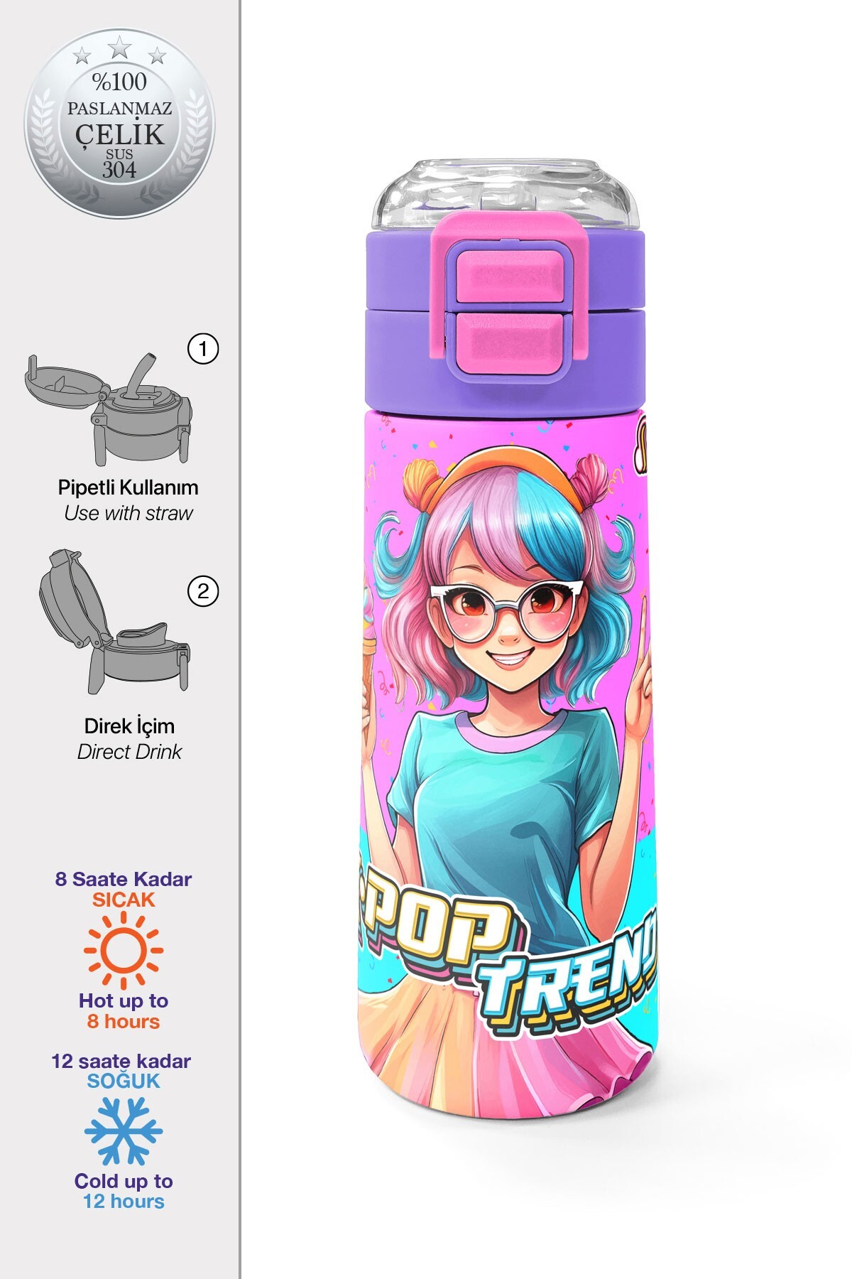 Coral High Kids Pembe Turkuaz K-Pop Desenli Pipetli ve Direkt İçim Çelik Termos 500 ml 31865