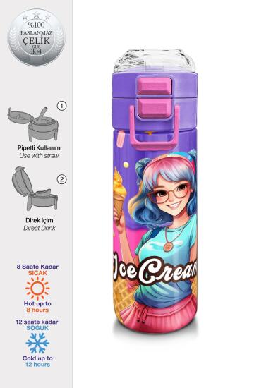 Coral High Kids Pembe Turkuaz K-Pop Desenli Pipetli ve Direkt İçim Çelik Termos 500 ml 31989 - Coral High KIDS