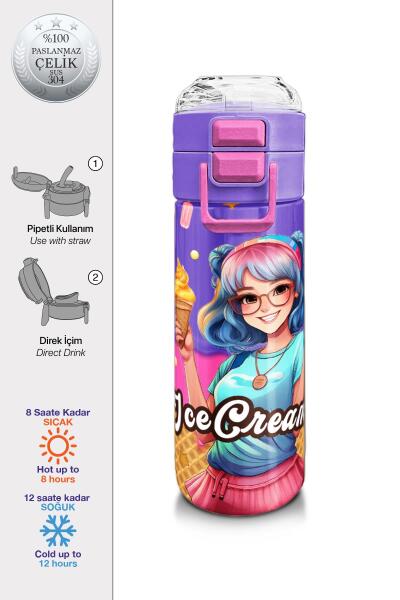 Coral High Kids Pembe Turkuaz K-Pop Desenli Pipetli ve Direkt İçim Çelik Termos 500 ml 31989 - 1