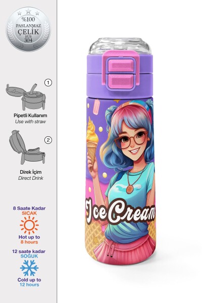 Coral High Kids Pembe Turkuaz K-Pop Desenli Pipetli ve Direkt İçim Çelik Termos 500 ml 31989 - 1