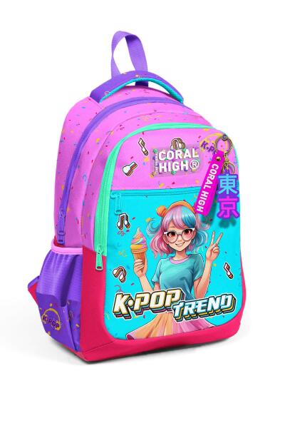 Coral High Kids Pembe Turkuaz K-Pop Desenli Üç Bölmeli Okul Sırt Çantası 14427 - 1