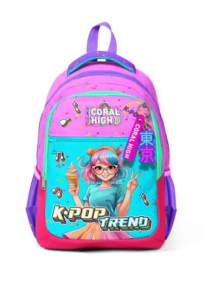 Coral High Kids Pembe Turkuaz K-Pop Desenli Üç Bölmeli Okul Sırt Çantası 14427 - 5