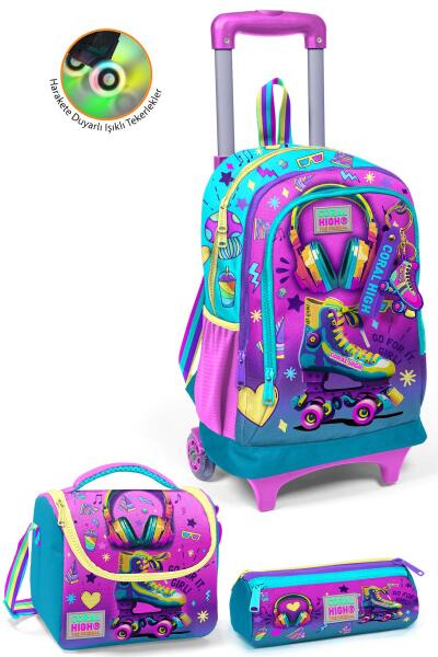 Coral High Kids Pembe Turkuaz Kulaklık Paten Desenli Çekçekli 3'lü Çanta Seti SET0123954 - 1