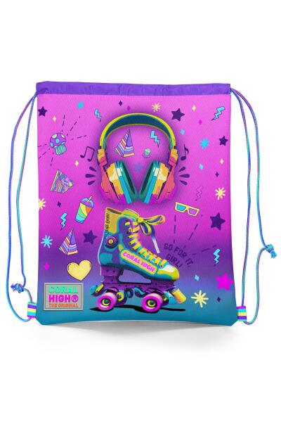 Coral High Kids Pembe Turkuaz Kulaklık Paten Desenli İpli Büzgülü Sırt Çantası 12647 - 1
