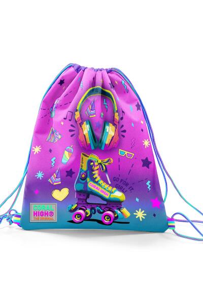 Coral High Kids Pembe Turkuaz Kulaklık Paten Desenli İpli Büzgülü Sırt Çantası 12647 - 2