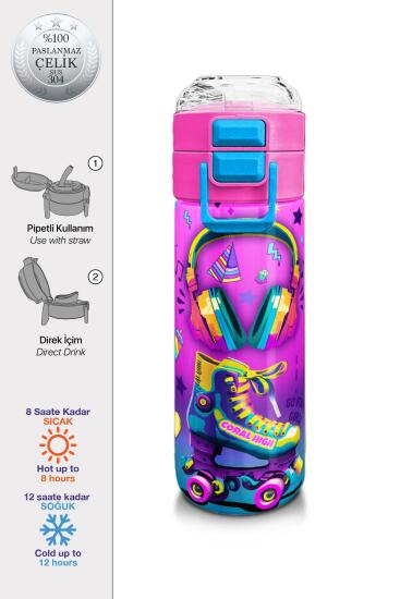 Coral High Kids Pembe Turkuaz Kulaklık Paten Desenli Pipetli ve Direkt İçim Çelik Termos 500 ml 31955 - Coral High KIDS