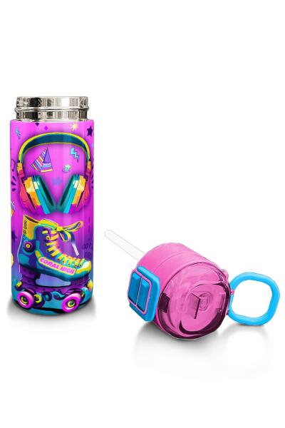 Coral High Kids Pembe Turkuaz Kulaklık Paten Desenli Pipetli ve Direkt İçim Çelik Termos 500 ml 31955 - 4