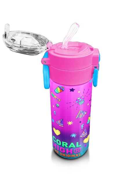 Coral High Kids Pembe Turkuaz Kulaklık Paten Desenli Pipetli ve Direkt İçim Çelik Termos 500 ml 31955 - 5
