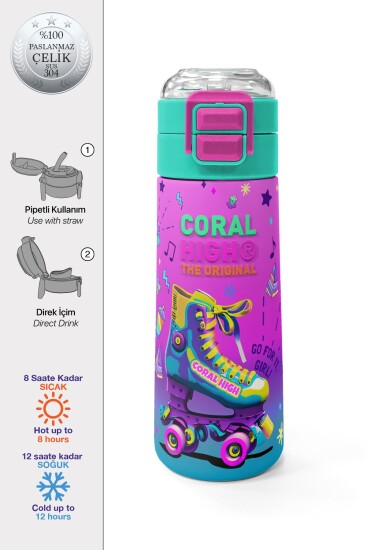 Coral High Kids Pembe Turkuaz Kulaklık Paten Desenli Pipetli ve Direkt İçim Çelik Termos 500 ml 31955 