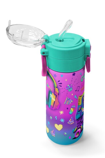 Coral High Kids Pembe Turkuaz Kulaklık Paten Desenli Pipetli ve Direkt İçim Çelik Termos 500 ml 31955 - 5